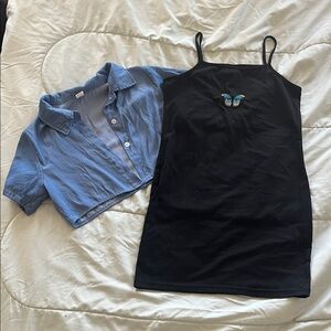 SHEIN Blue Button Down and Black Butterfly Dress Set